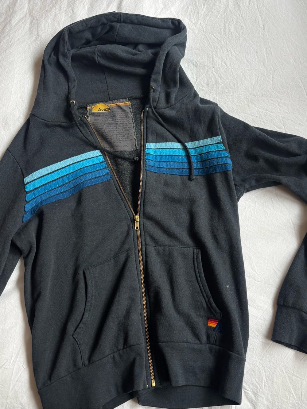 Aviator Nation Charcoal Blue Zip Hoodie with Blue Stripe Accents